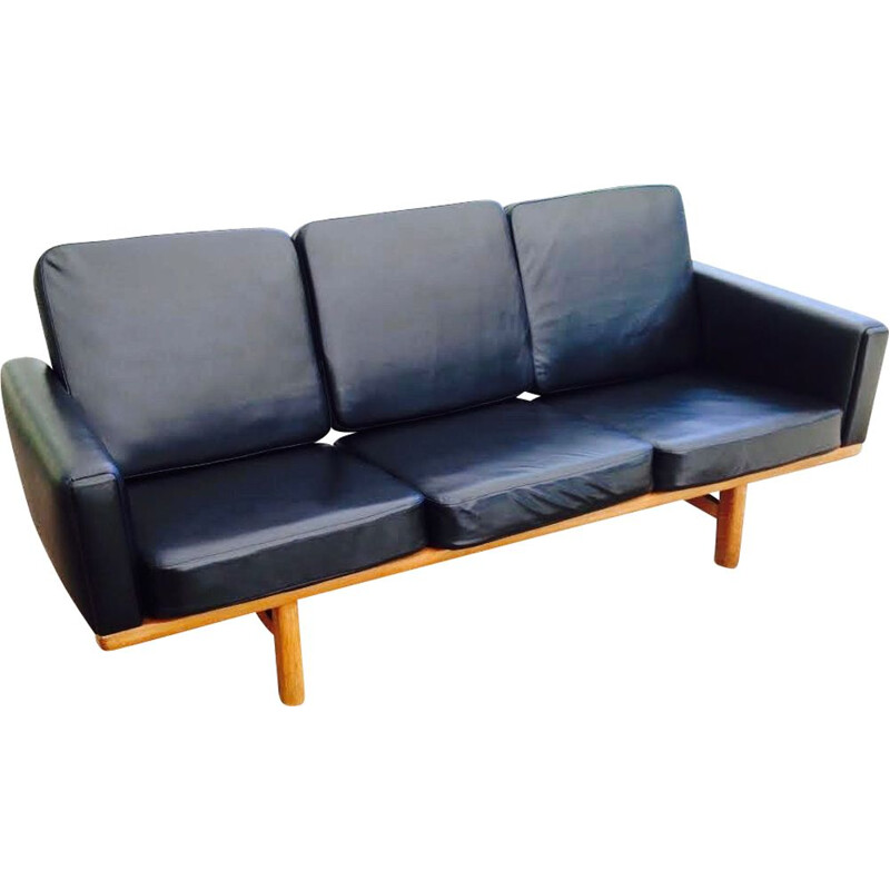 Vintage 3 seater black leather sofa by Hans J Wegner 1960