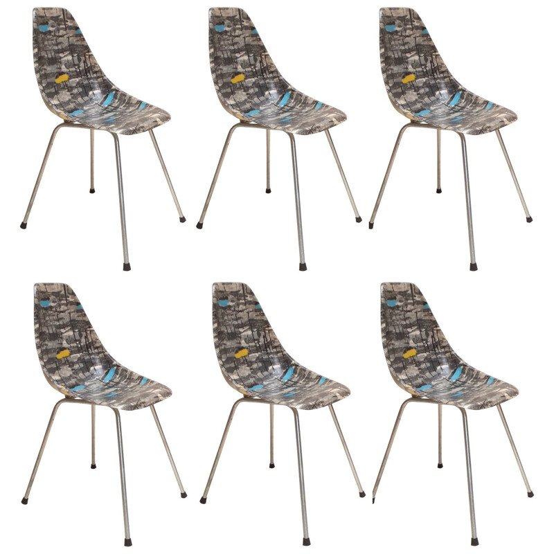 Set of 6 vintage dining chairs in fiberglass reinforced polyester resin, 1950