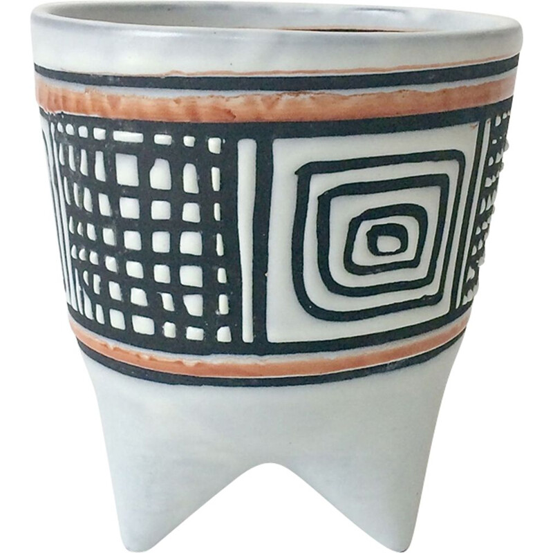 Vintage Molaire vase by Roger Capron in black earthenware and orange 1950