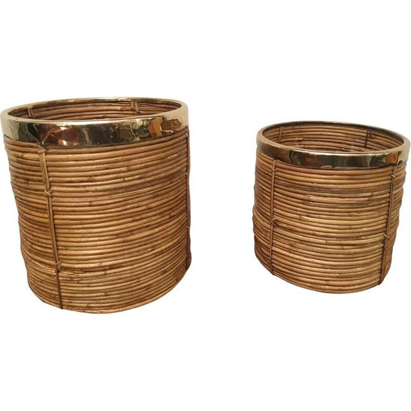 Set of 2 vintage plants holder in rattan and brass