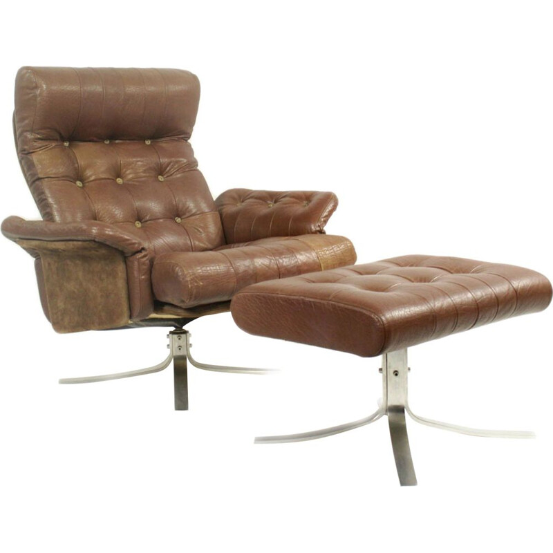 Vintage Danish leather swivel lounge chair with ottoman by Ebbe Gehl & Søren Nissen for Jeki Møbler