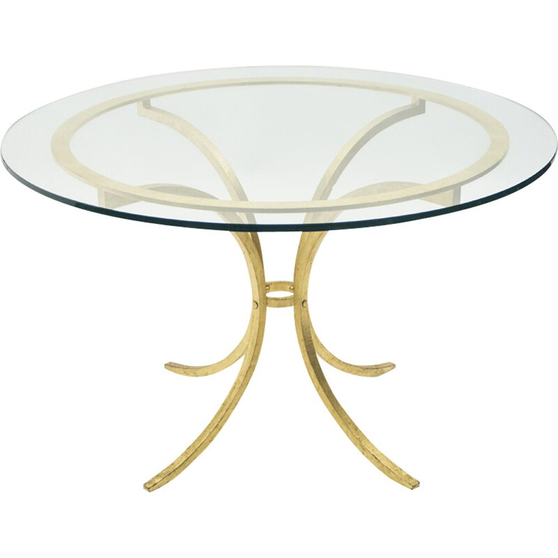 Vintage table by Thibier in gilded iron glass and cast steel 1960
