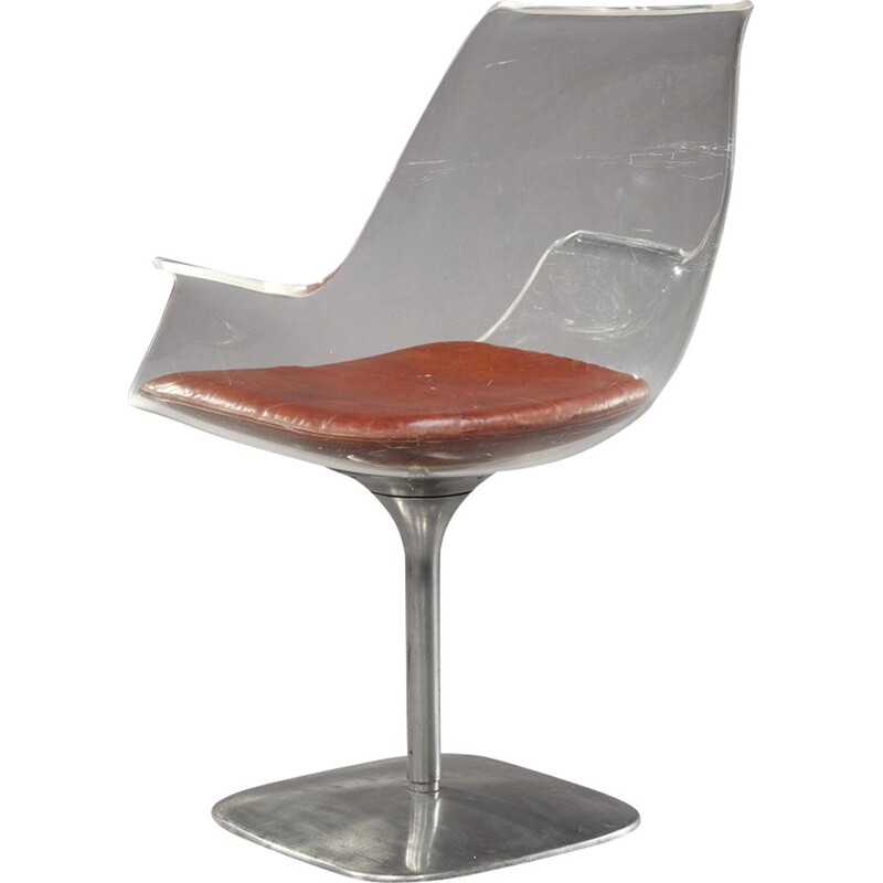 Vintage armchair in red leather plexiglas and cast aluminium 1970
