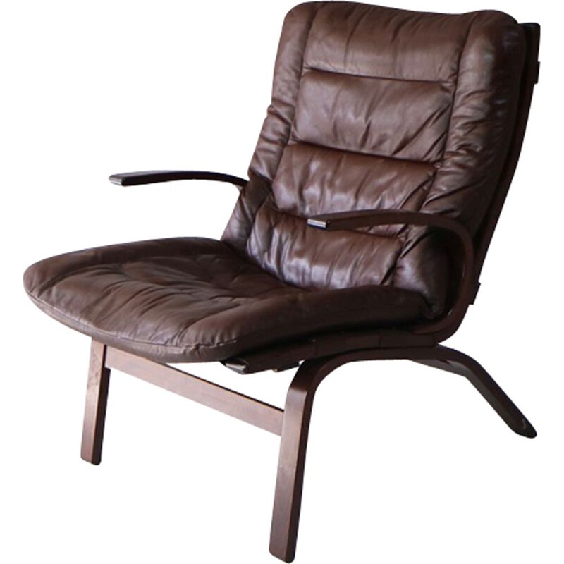 Vintage danish armchair in brown leather and bentwood 1960