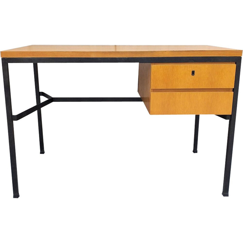 French vintage desk in wood and metal 1950