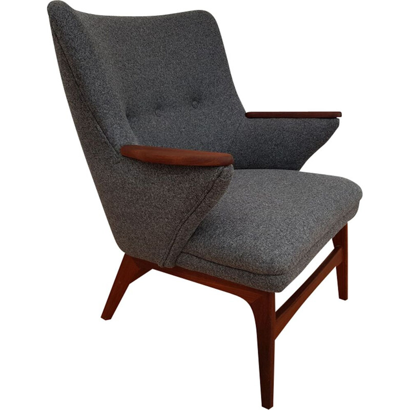 Vintage danish armchair in grey wool and teakwood 1960