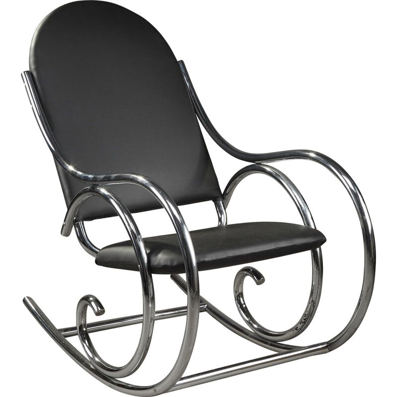 French vintage rocking chair in metal and black leatherette 1950