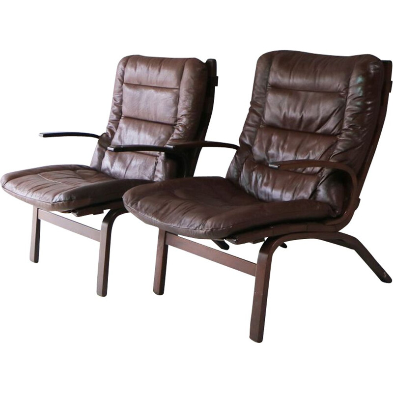 Set of 2 vintage danish armchairs in brown leather and bentwood 1960