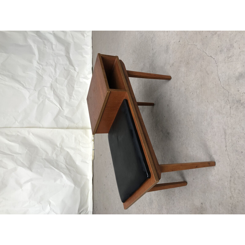 Vintage danish telephone chair stool in teak with stool in black vinyl 1970