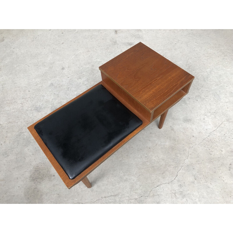 Vintage danish telephone chair stool in teak with stool in black vinyl 1970