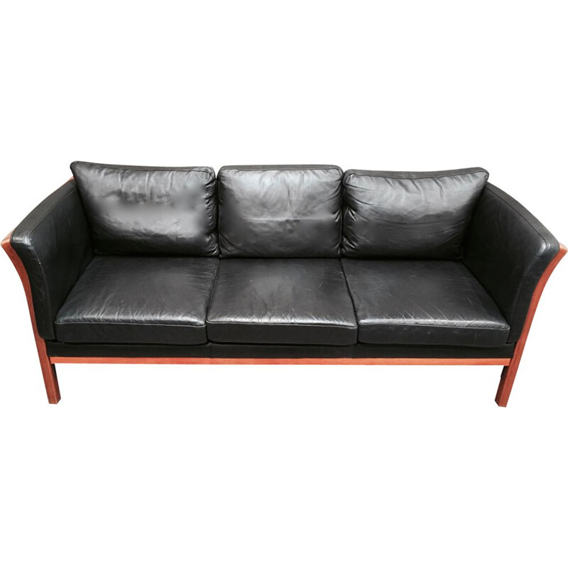 Scandinavian 3-seater sofa in black leather
