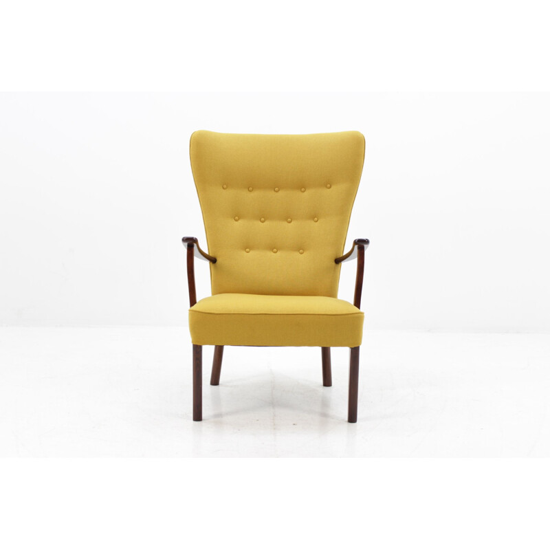 Fauteuil vintage danois par Fritz Hansen en tissu jaune 1960