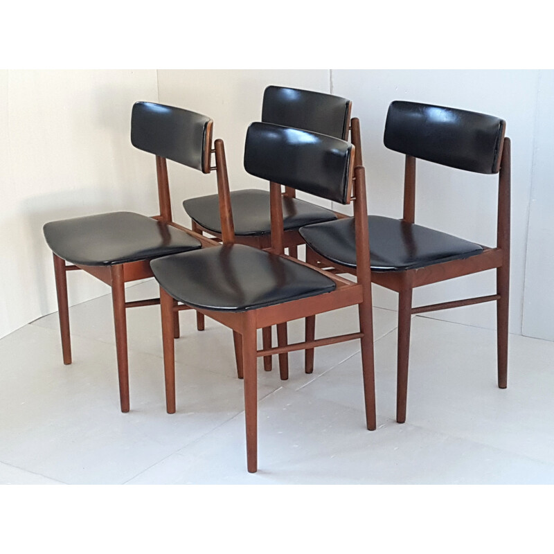 Set of 4 vintage scandinavian chairs for Sax in teak and black leatherette 1960