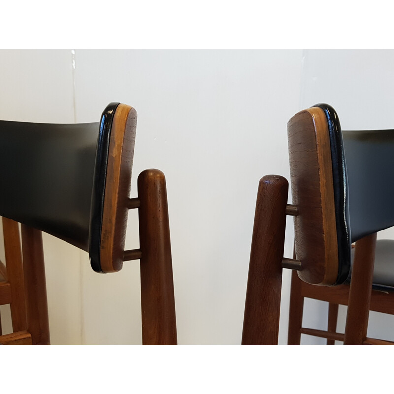 Set of 4 vintage scandinavian chairs for Sax in teak and black leatherette 1960