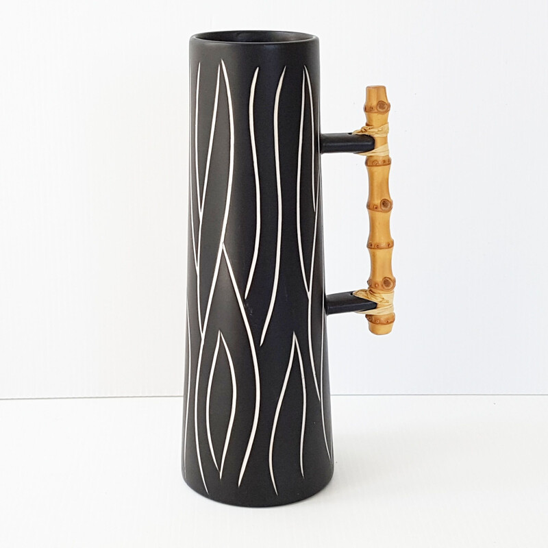 Vase vintage danois par Morkov en céramique noire et blanche et bambou 1960