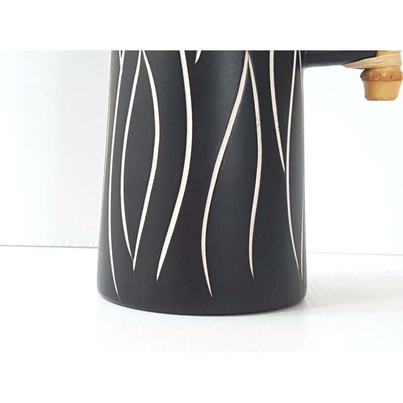 Vase vintage danois par Morkov en céramique noire et blanche et bambou 1960