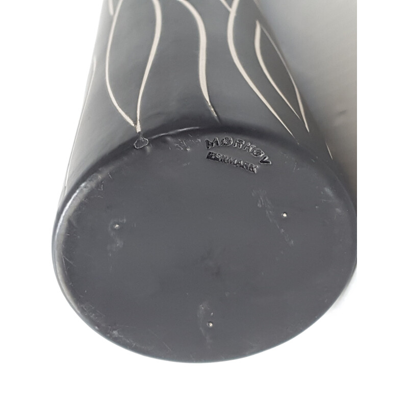 Danish vintage vase by Morkov in black and white ceramic and bamboo 1960