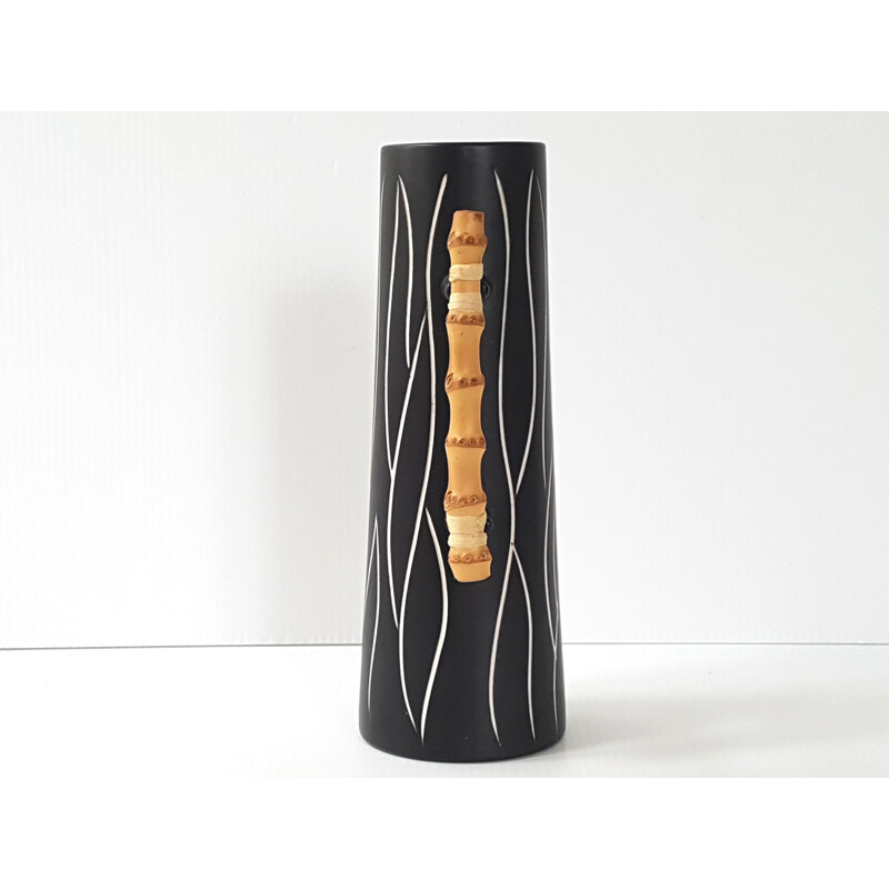 Danish vintage vase by Morkov in black and white ceramic and bamboo 1960