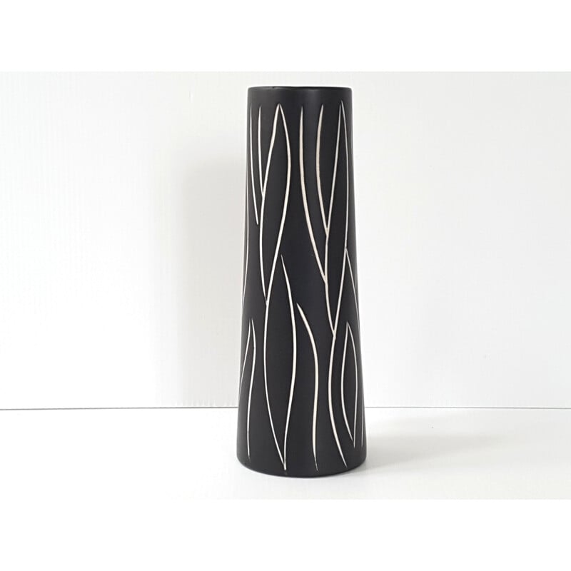 Danish vintage vase by Morkov in black and white ceramic and bamboo 1960