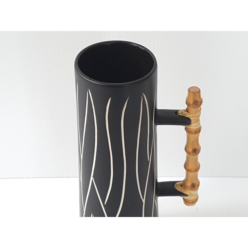 Vase vintage danois par Morkov en céramique noire et blanche et bambou 1960