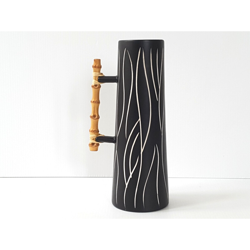 Vase vintage danois par Morkov en céramique noire et blanche et bambou 1960