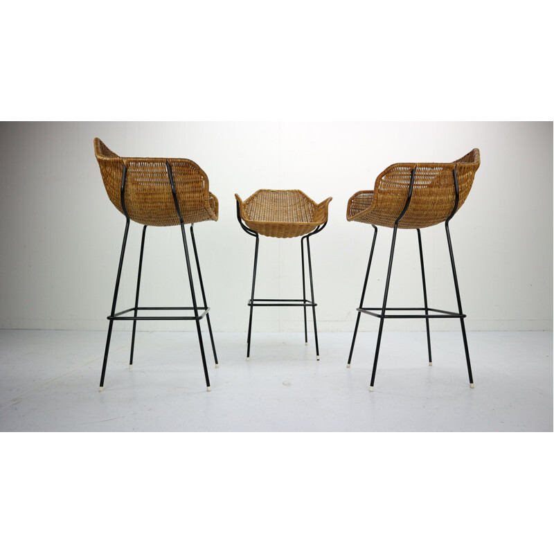 Set of 3 vintage bar stools in rattan by Dirk Van Sliedregt for Rohe Noordwolde 1960s