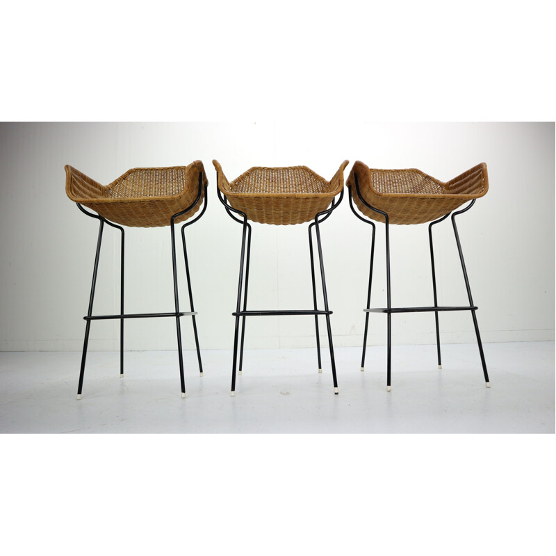 Set of 3 vintage bar stools in rattan by Dirk Van Sliedregt for Rohe Noordwolde 1960s