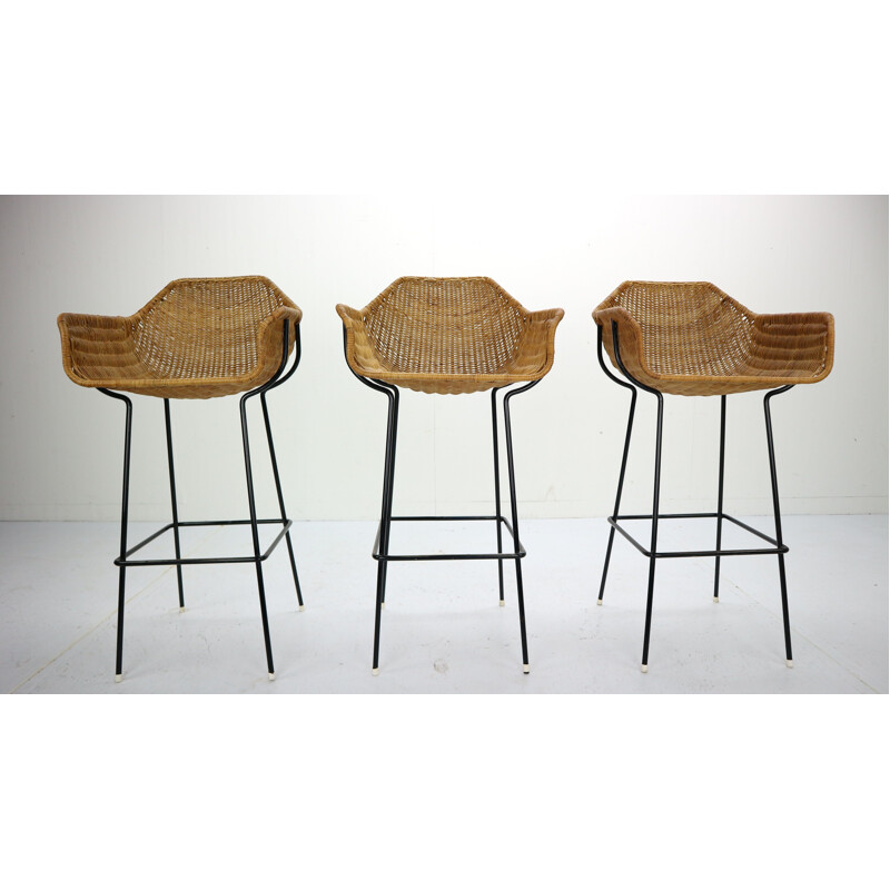 Set of 3 vintage bar stools in rattan by Dirk Van Sliedregt for Rohe Noordwolde 1960s