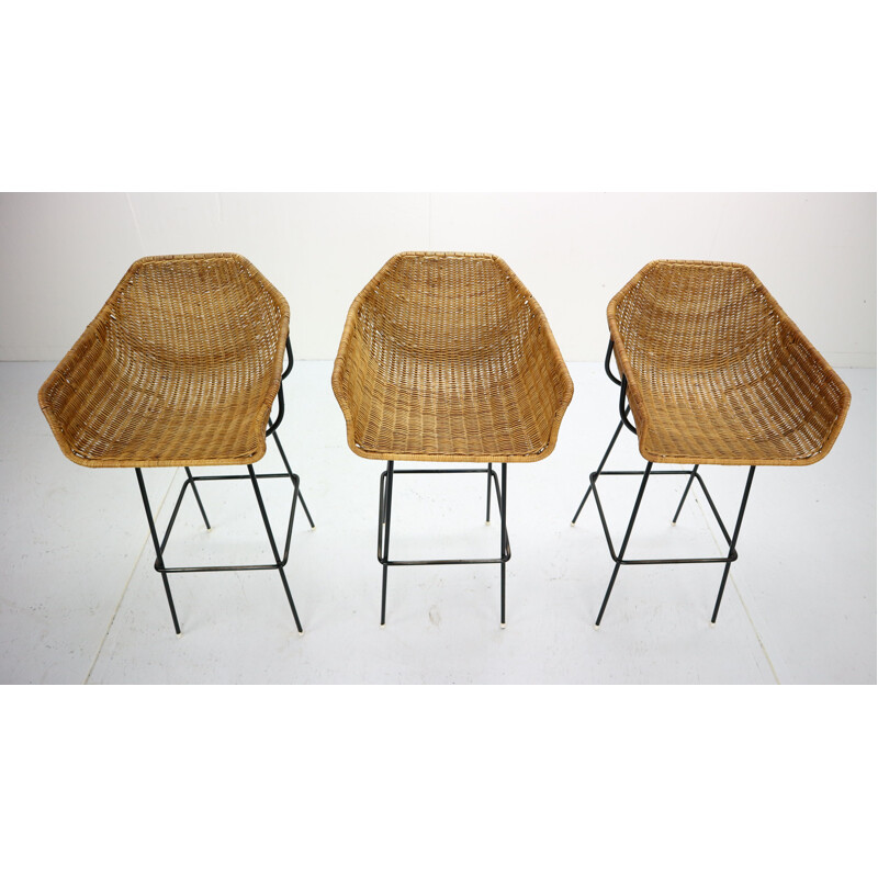 Set of 3 vintage bar stools in rattan by Dirk Van Sliedregt for Rohe Noordwolde 1960s