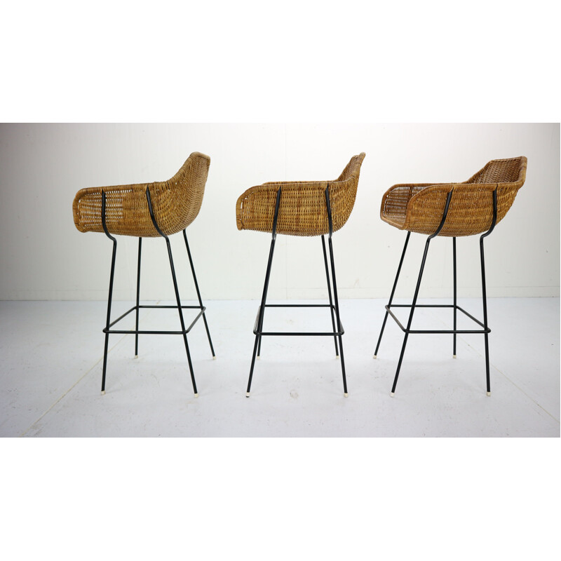 Set of 3 vintage bar stools in rattan by Dirk Van Sliedregt for Rohe Noordwolde 1960s