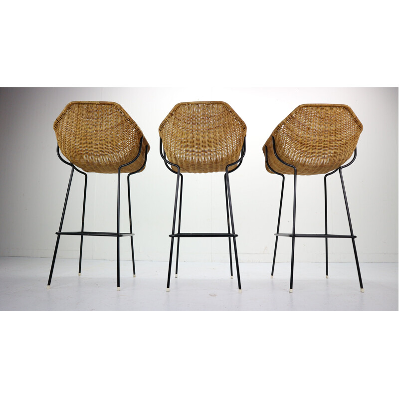 Set of 3 vintage bar stools in rattan by Dirk Van Sliedregt for Rohe Noordwolde 1960s