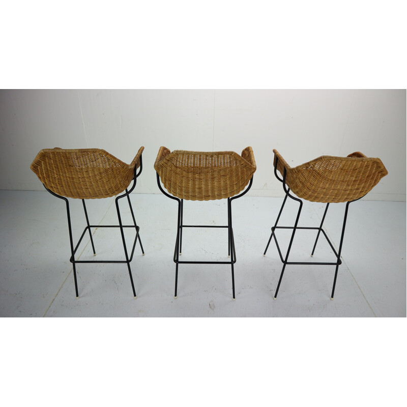 Set of 3 vintage bar stools in rattan by Dirk Van Sliedregt for Rohe Noordwolde 1960s
