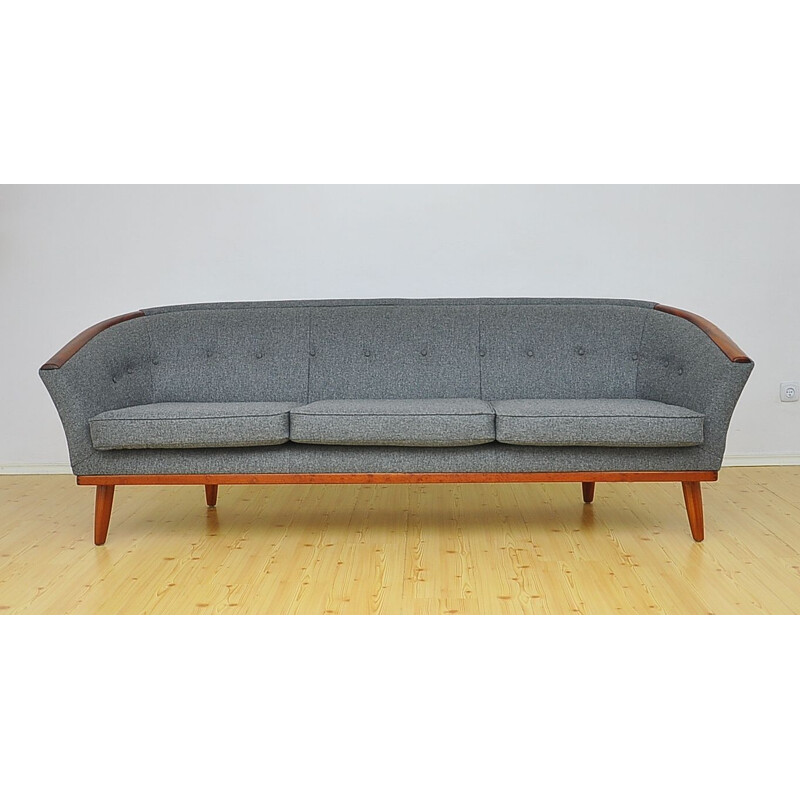 Vintage 3 seaters sofa with teak and wool 1950s