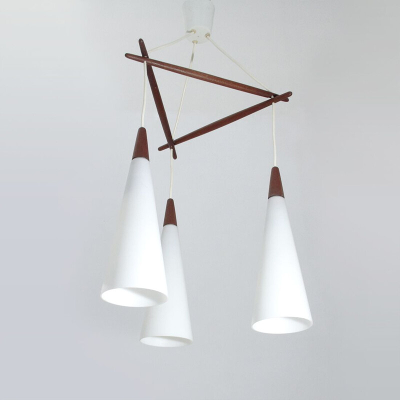 Vintage Nordic chandelier in opaline glass and teak