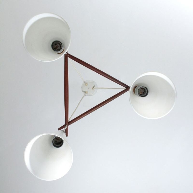 Vintage Nordic chandelier in opaline glass and teak