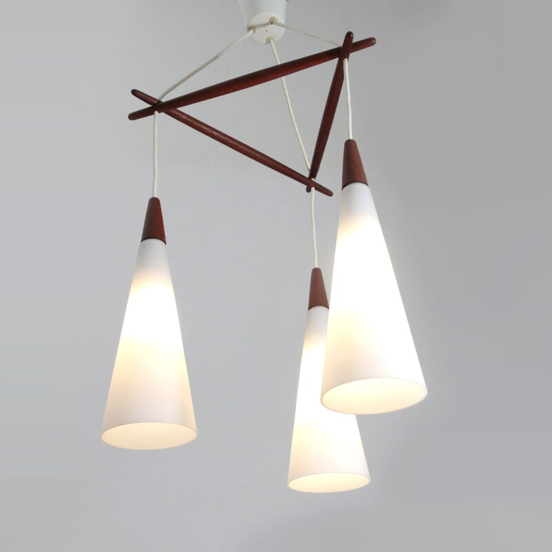 Vintage Nordic chandelier in opaline glass and teak