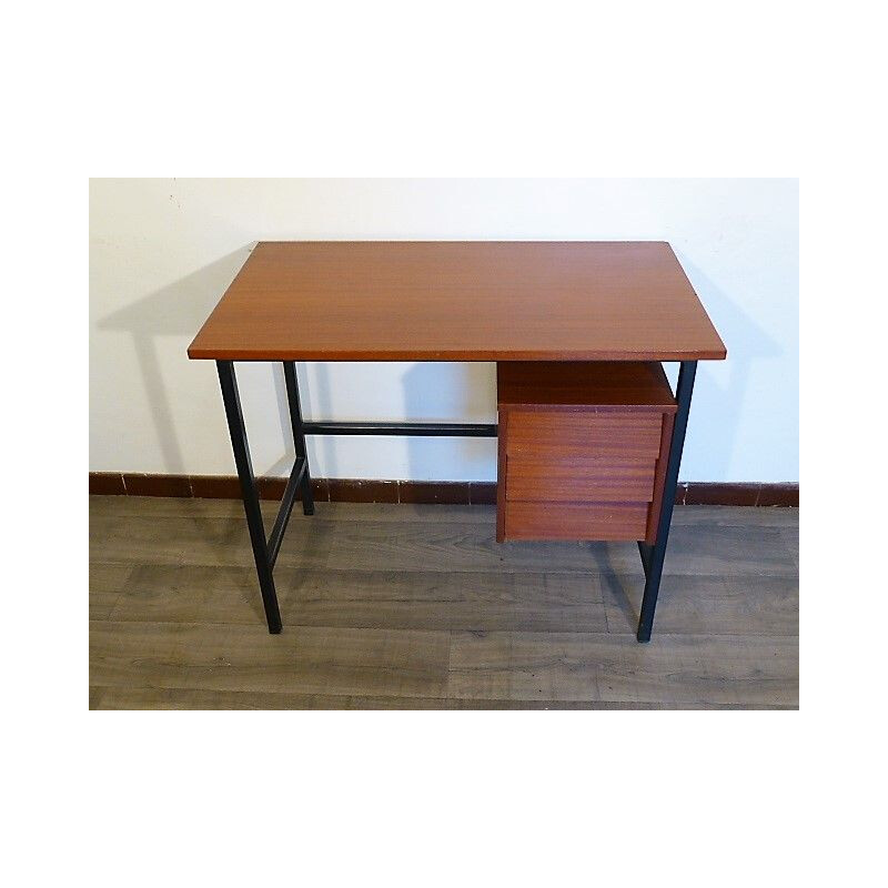 Bureau vintage moderniste en bois et métal 1960