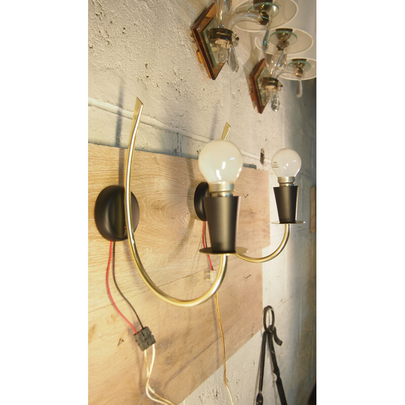 Pair of vintage wall lights in black and gold from the 50s