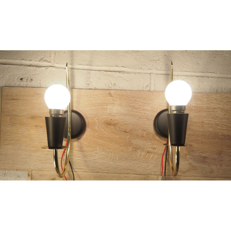 Pair of vintage wall lights in black and gold from the 50s