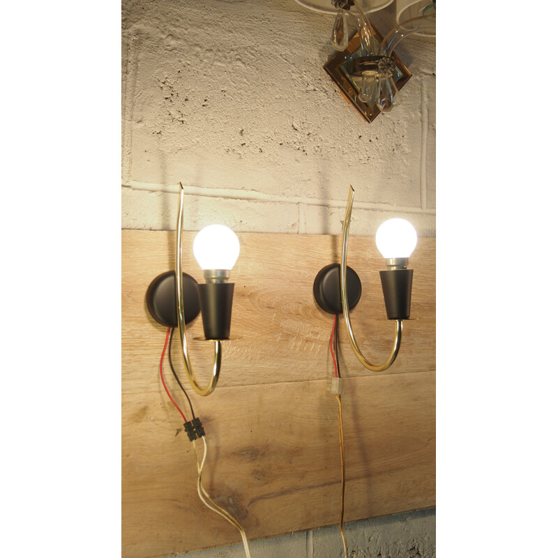 Pair of vintage wall lights in black and gold from the 50s