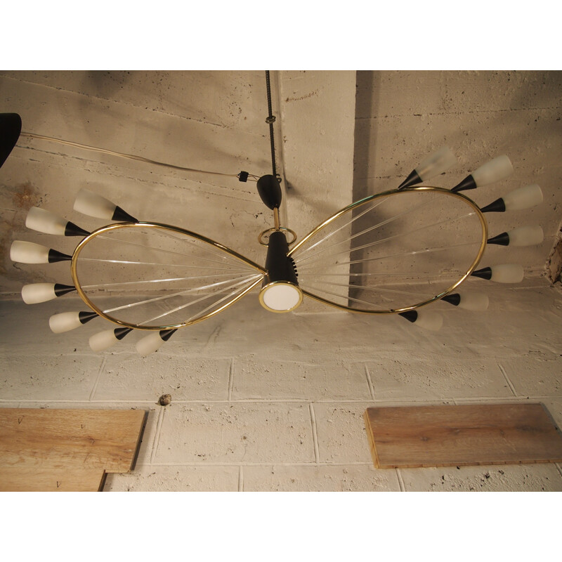 Vintage chandelier by Arlus in black and brass from the 50s