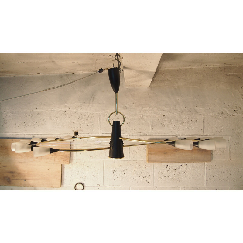 Vintage chandelier by Arlus in black and brass from the 50s