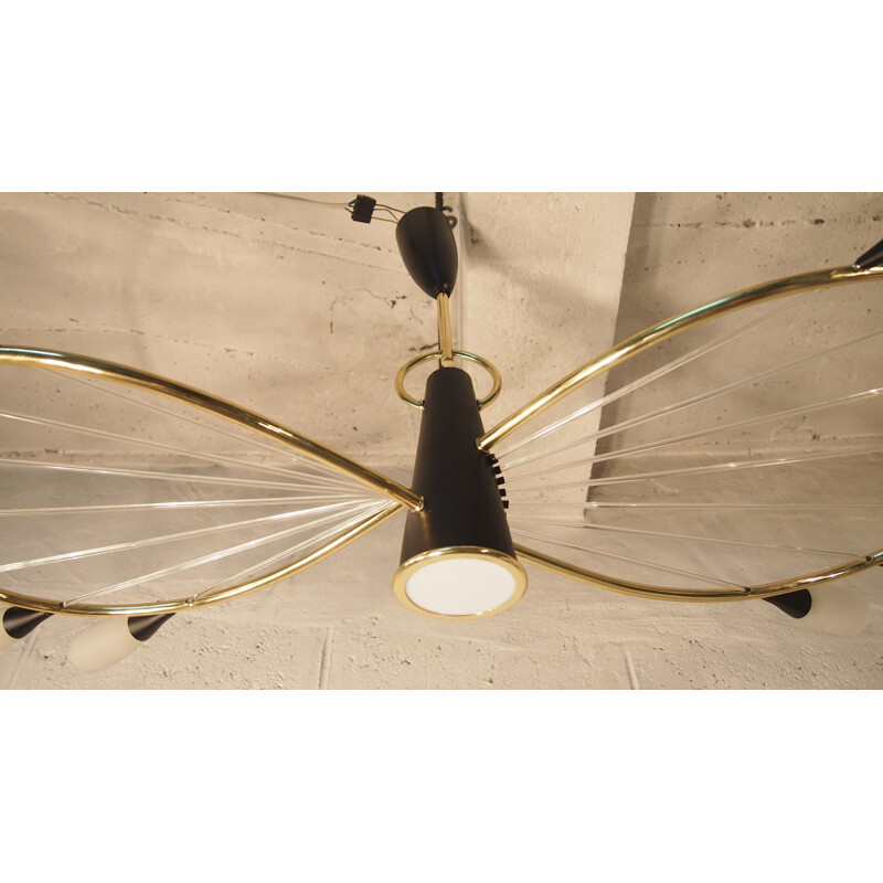 Vintage chandelier by Arlus in black and brass from the 50s