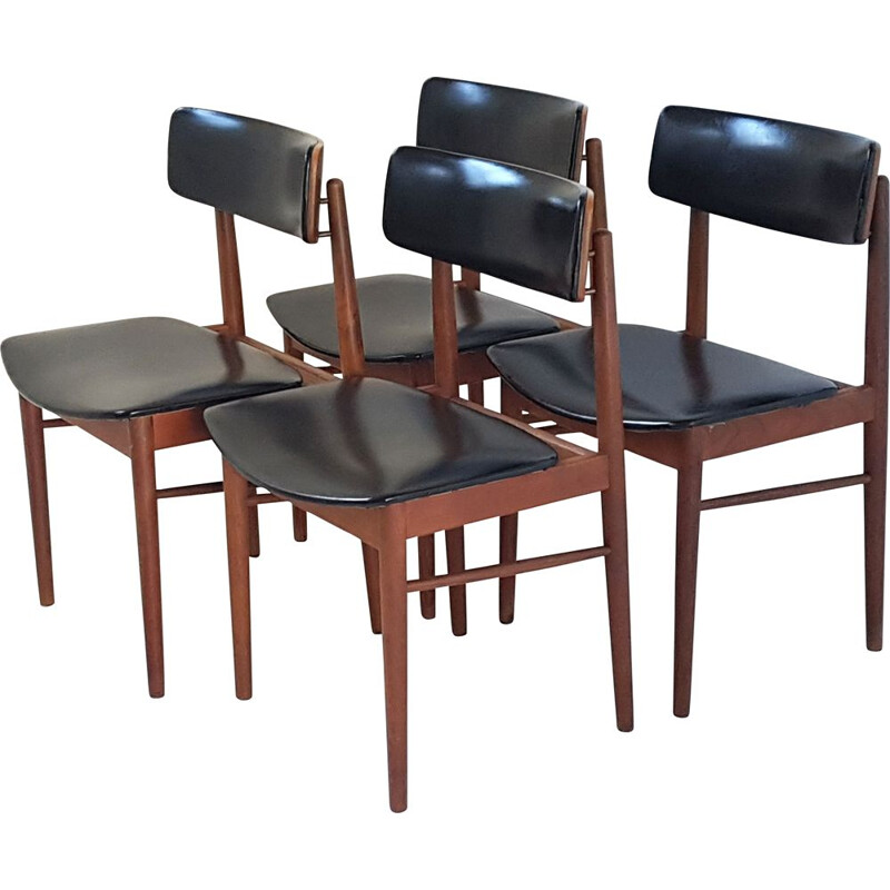 Set of 4 vintage scandinavian chairs for Sax in teak and black leatherette 1960