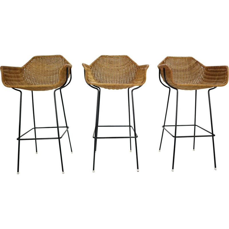 Set of 3 vintage bar stools in rattan by Dirk Van Sliedregt for Rohe Noordwolde 1960s