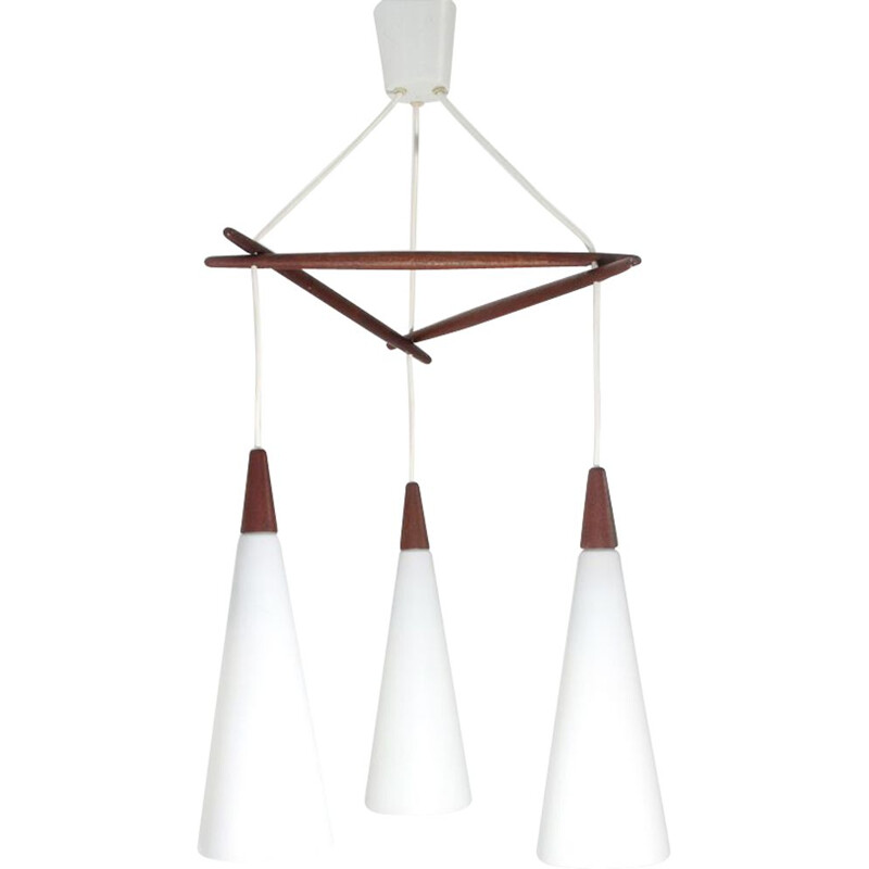 Vintage Nordic chandelier in opaline glass and teak