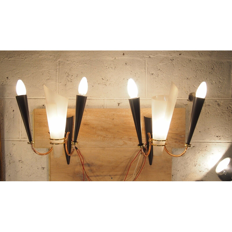 Pair of vintage sconces in metal, perspex brass from Lunel