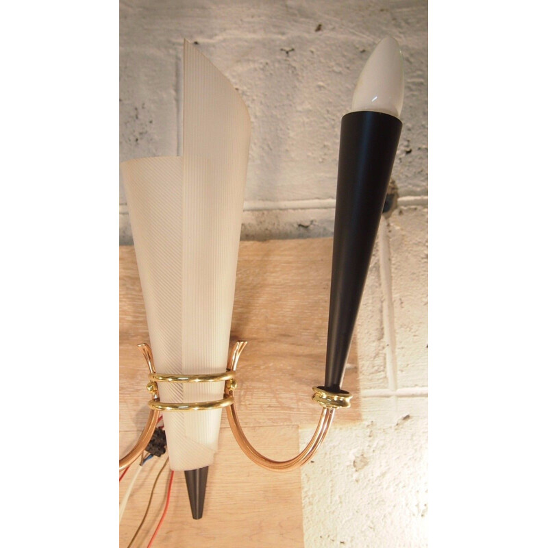 Pair of vintage sconces in metal, perspex brass from Lunel