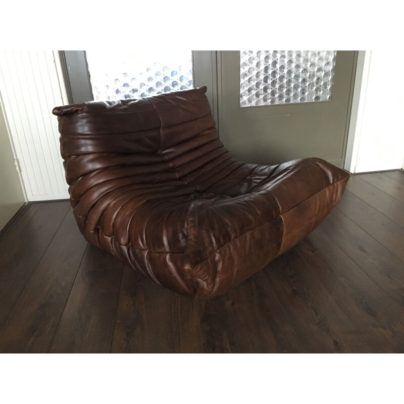 Fauteuil lounge vintage Togo en cuir marron par Michel Ducaroy pour Ligne Roset France années 1970