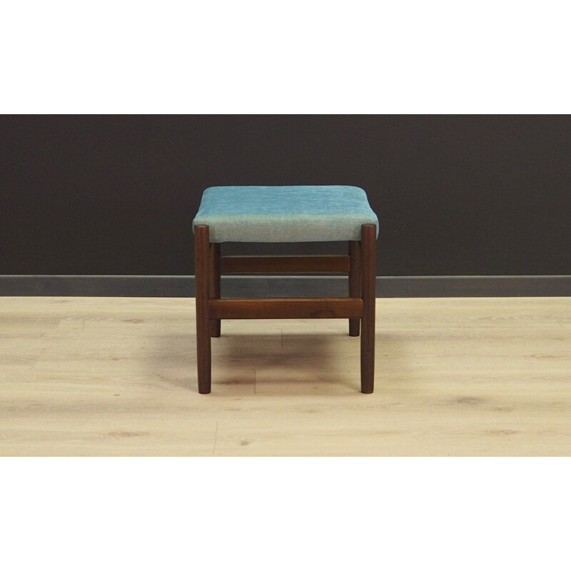 Vintage foot stool in oak and turquoise fabric 1960